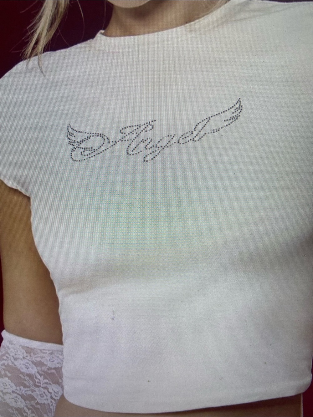 Angel Rhinestone White Crop T-Shirt - Women